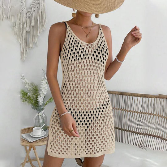 Damen gehäkeltes Strandkleid mit transparentem Netzdesign EB