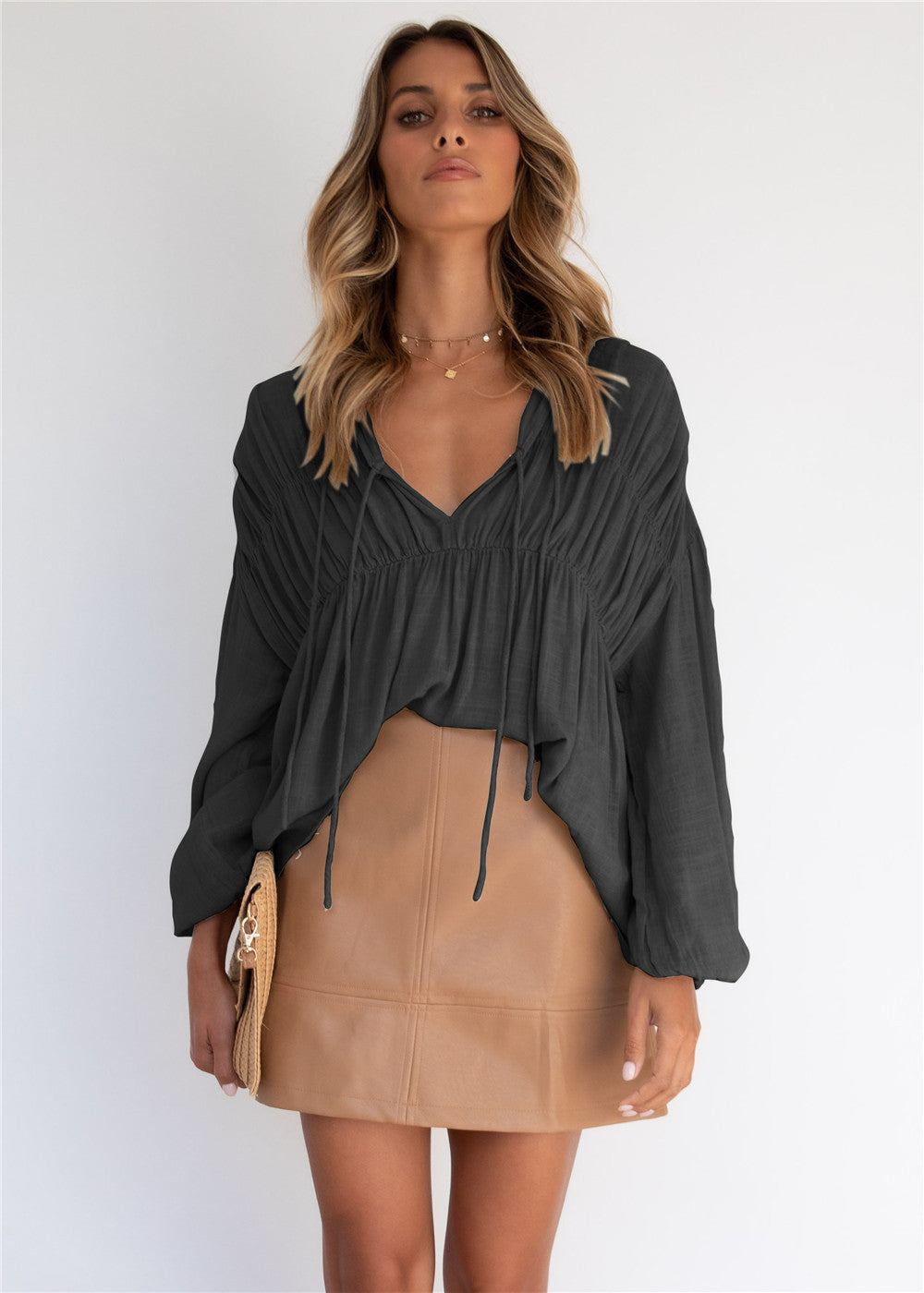 Damen lässige Bluse mit raffinierten Rüschendetails und Kordelzug EB