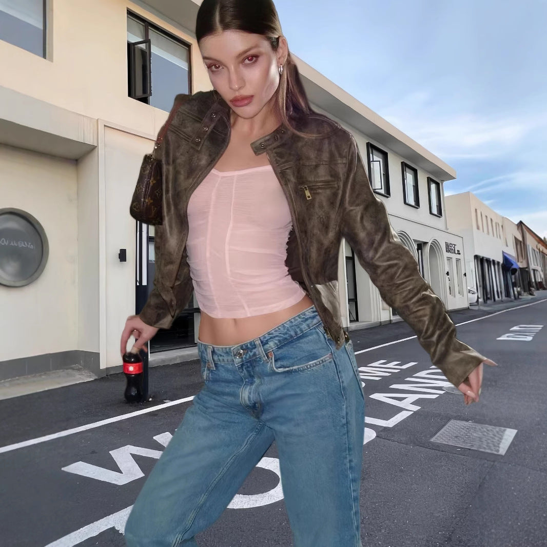 Damen trendige Bikerjacke aus hochwertigem Kunstleder EB