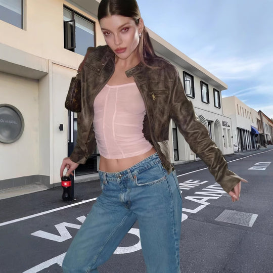 Damen trendige Bikerjacke aus hochwertigem Kunstleder EB