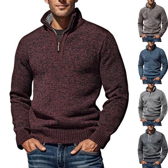 Herren nan grobgestrickter Strickpullover mit halbem Reißverschluss und hohem Stehkragen EB