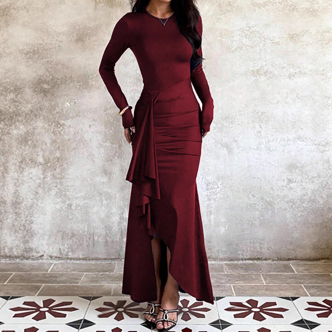 Damen nan eng anliegendes Abendkleid mit langen Ärmeln, geraffter Taille und asymmetrischem Volant EB