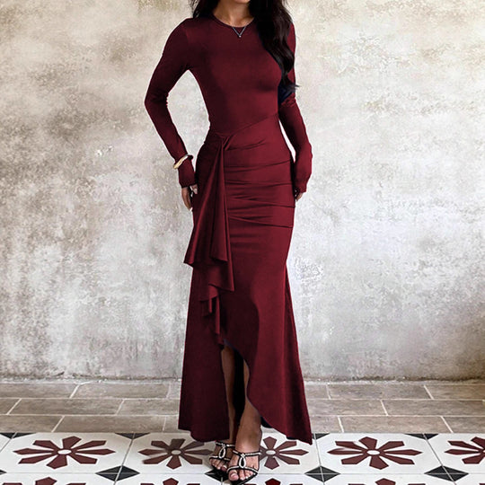 Damen nan eng anliegendes Abendkleid mit langen Ärmeln, geraffter Taille und asymmetrischem Volant EB