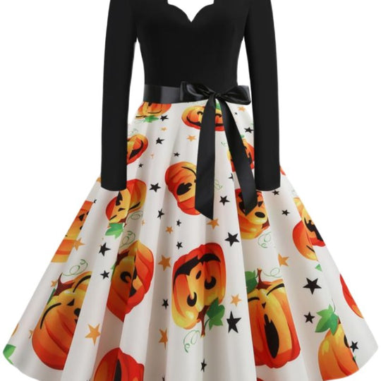 Damen Vintage Swing-Kleid mit Halloween-Kürbisprint, V-Ausschnitt mit Wellensaum und tailliertem Satinband EB