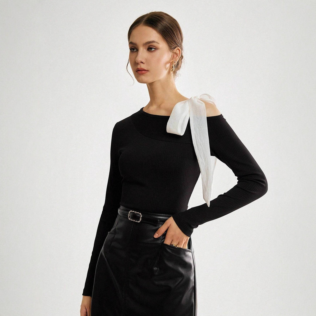 Damen Asymmetrisches One-Shoulder Rippstrick-Top mit Schleifenband EB