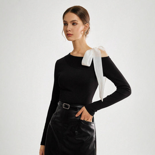 Damen Asymmetrisches One-Shoulder Rippstrick-Top mit Schleifenband EB