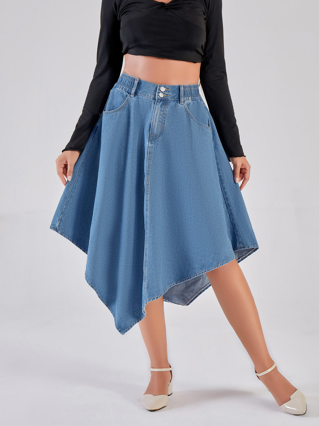 Damen asymmetrischer Denim-Rock mit attraktivem Saumdesign EB