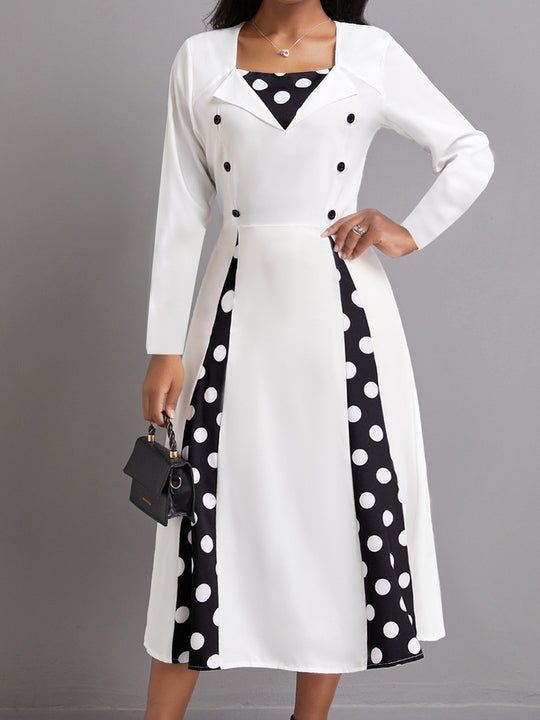 Damen Polka Dot Midi-Kleid mit eleganter Knopfleiste und Kontrastpanelen EB