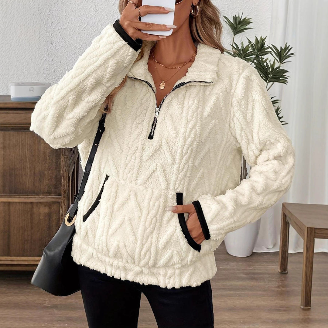Damen modischer Fleece-Pullover mit halbem Reißverschluss und Taschen EB