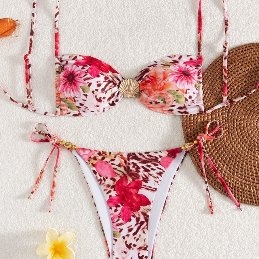 Damen Bandeau-Bikini mit floralem Design und goldenen Akzenten EB