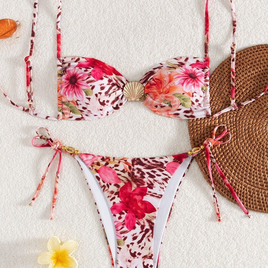 Damen Bandeau-Bikini mit floralem Design und goldenen Akzenten EB