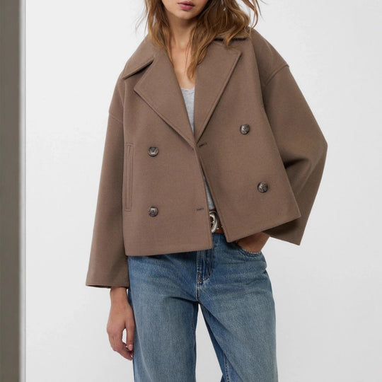Damen nan kurz geschnittener Zweireiher Wollmix-Peacoat mit überbreitem Revers und kastiger Silhouette EB