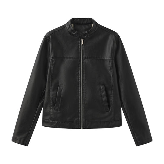 Herren nan minimalistische Kunstlederjacke mit Stehkragen, Metallreißverschluss und eingearbeiteten Seitentaschen EB