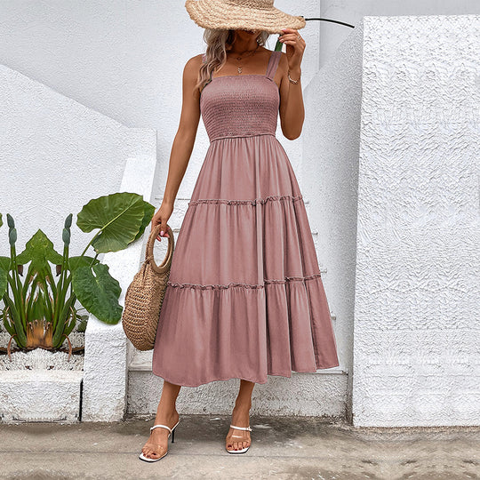 Damen Midikleid mit elastischem Oberteil und fließendem Rock EB