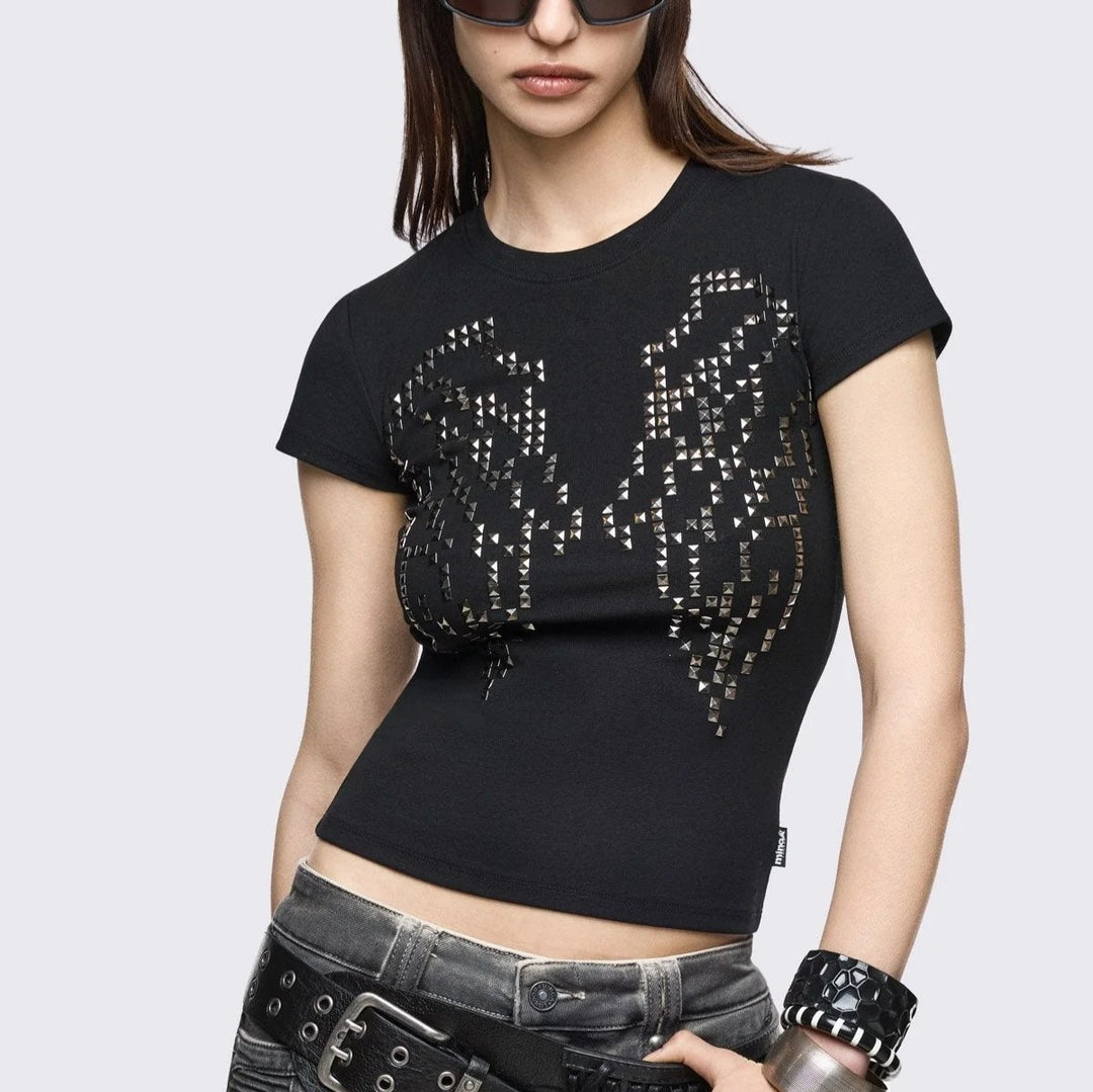 Damen Enganliegendes T-Shirt mit Metallic-Nieten EB