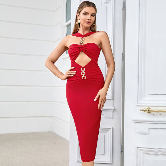 Damen Elegantes Cocktailkleid mit raffinierten Cut-Outs und metallic großen Knopfdetails EB