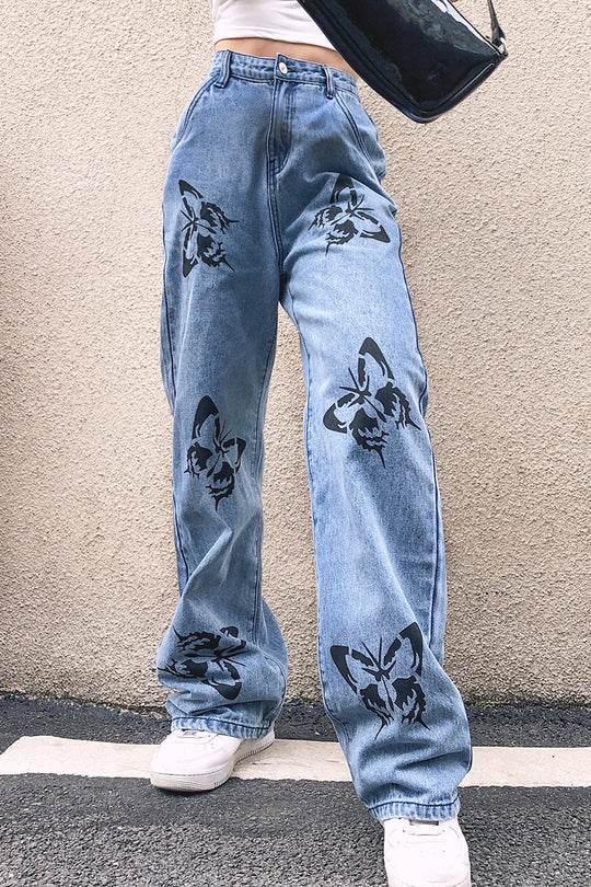 Damen nan weite High-Waist-Jeans mit Gothic-Schmetterlingsprint und entspanntem Straight-Leg EB