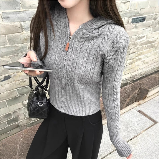 Damen modischer Strickpullover mit Kapuze und Zopfmuster EB