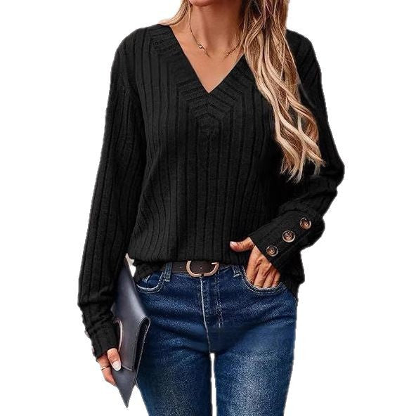 Damen Strickpullover mit V-Ausschnitt und dekorativen Knopfdetails EB
