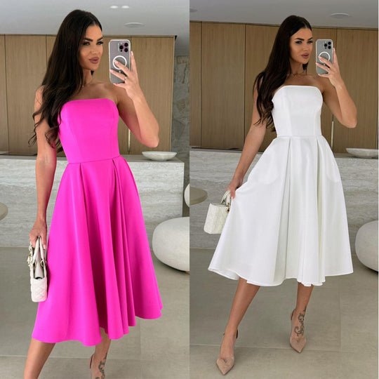 Damen A-linien Cocktailkleid mit trägerlosem Schnitt und schwingendem Rock EB