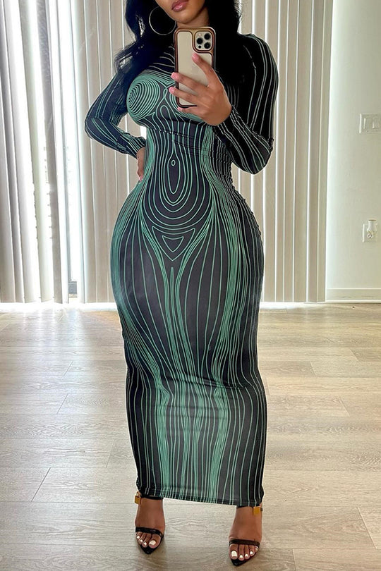 Damen Figurbetontes Langarmkleid mit einzigartiger Linienstruktur EB