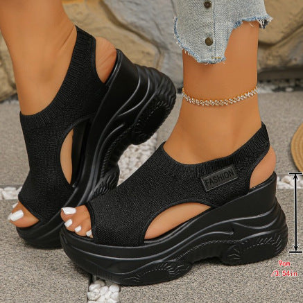 Damen Sportliche Plateau-Sandalen mit atmungsaktivem Strick-Obermaterial EB