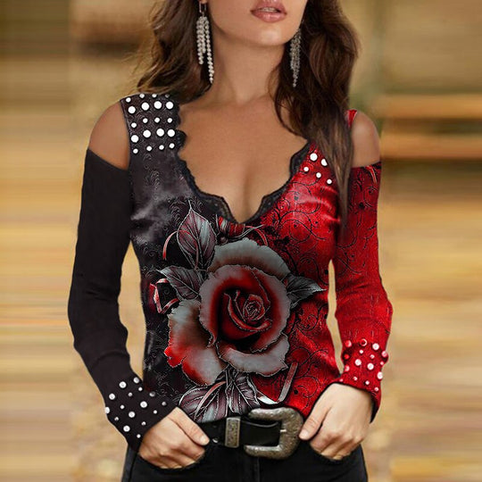 Damen Oberteil mit schulterfreiem Design und floralem Druck EB