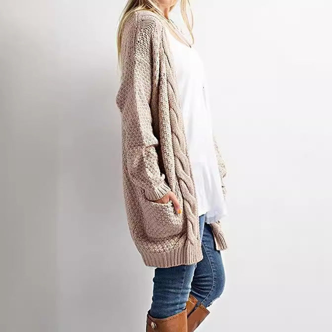 Damen gemütlicher Strickcardigan mit Taschen und Zopfmuster EB