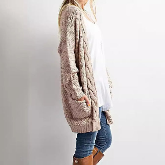 Damen gemütlicher Strickcardigan mit Taschen und Zopfmuster EB