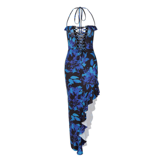 Damen Träger Maxikleid mit verspieltem Rüschen-Ausschnitt und floralem Design EB