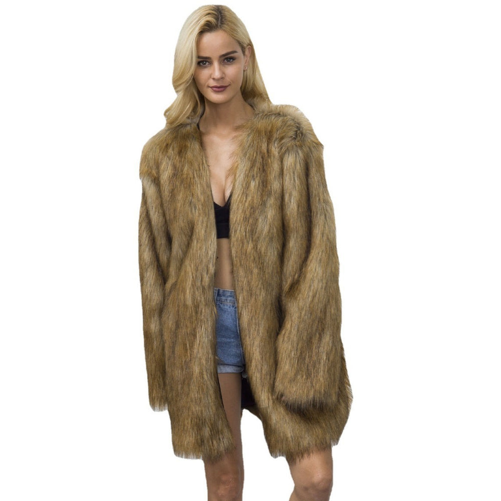 Damen Eleganter Kunstpelzmantel mit langem Schnitt und breitem Kragen EB