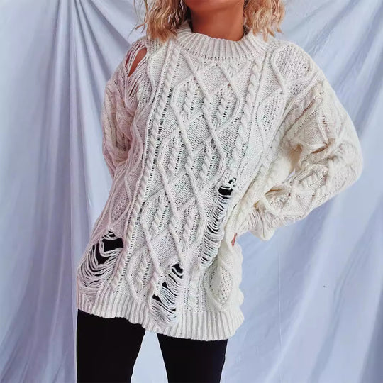 Damen Grobstrickpullover mit einzigartigem Zopfmuster und ausgefransten Details EB