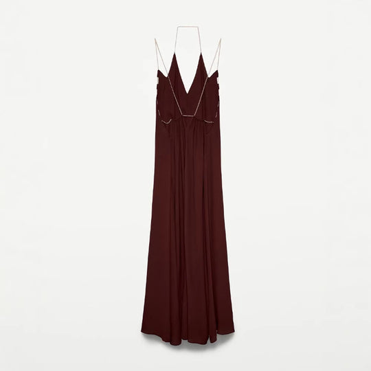 Damen elegantes Maxikleid mit tiefem V-Ausschnitt und fließendem Rock EB