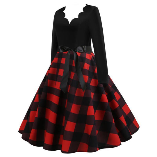 Damen Retro Swingkleid mit welligem V-Ausschnitt, tailliertem Satinbindegürtel und karierter Tellerrock EB