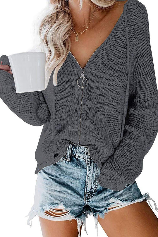 Damen V-Ausschnitt Strickpullover mit Reißverschluss EB