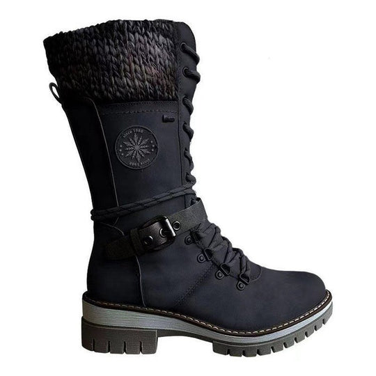 Damen nan hoher Schnürstiefel mit Strickbündchen, robuster Profilsohle und seitlichem Reißverschluss EB