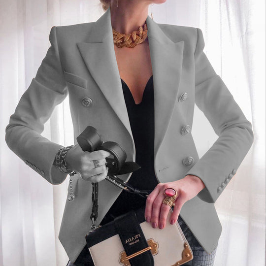 Damen nan taillierter Doppelreiher-Blazer mit strukturierten Schultern und goldenen Metallknöpfen EB