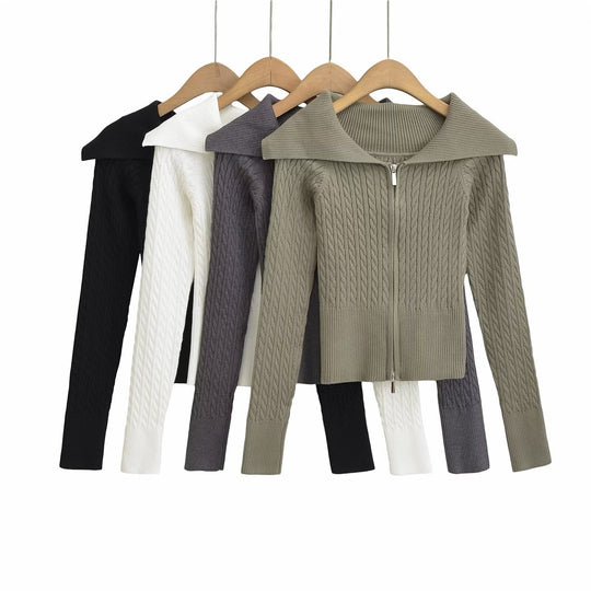 Damen modische Strickjacke mit weitem Kragen und Reißverschluss EB
