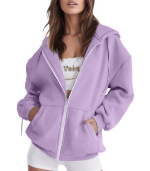 Damen nan oversized Zip-Kapuzenjacke mit kontrastierendem Reißverschluss, doppellagiger Kapuze und Kängurutasche EB