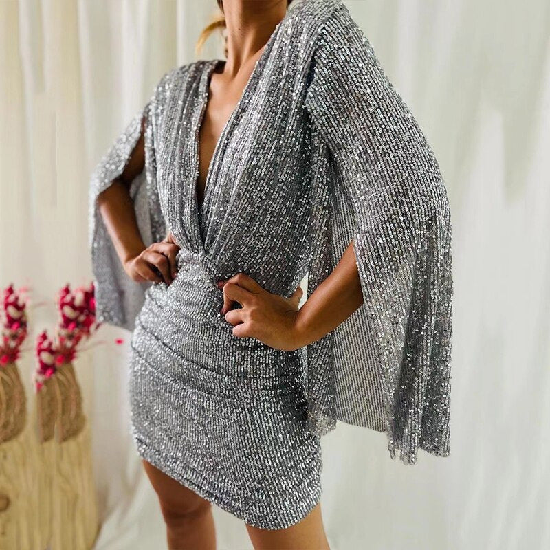 Damen Glitzerndes Cocktailkleid mit tiefem V-Ausschnitt und eleganten Trompetenärmeln EB