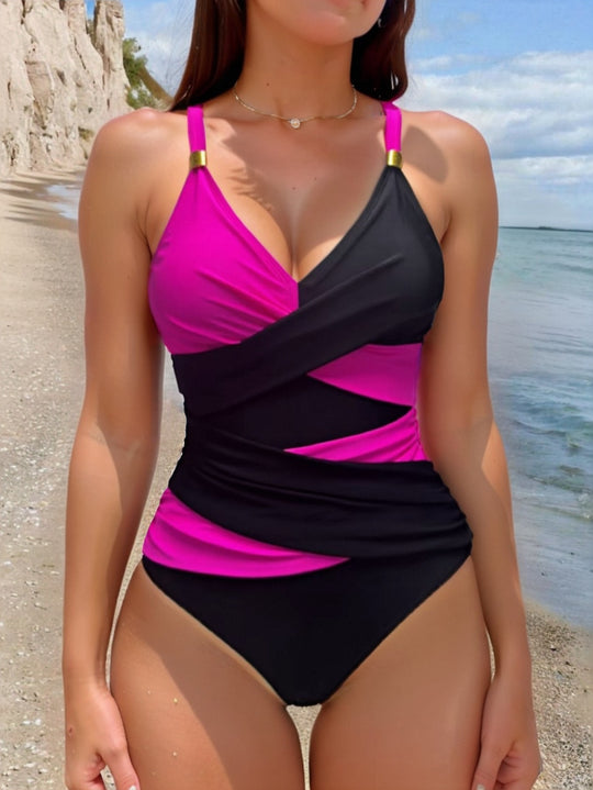 Damen Einteiliger Badeanzug mit modernem Wickeldesign und eleganten Akzenten EB