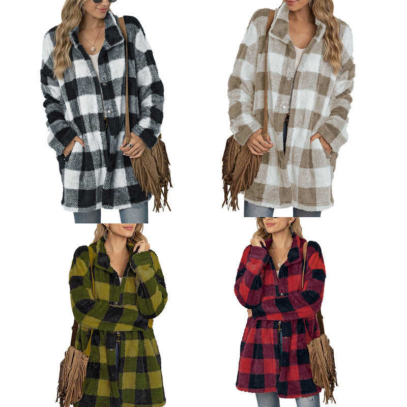 Damen Fleecejacke mit Karomuster und praktischen Taschen EB