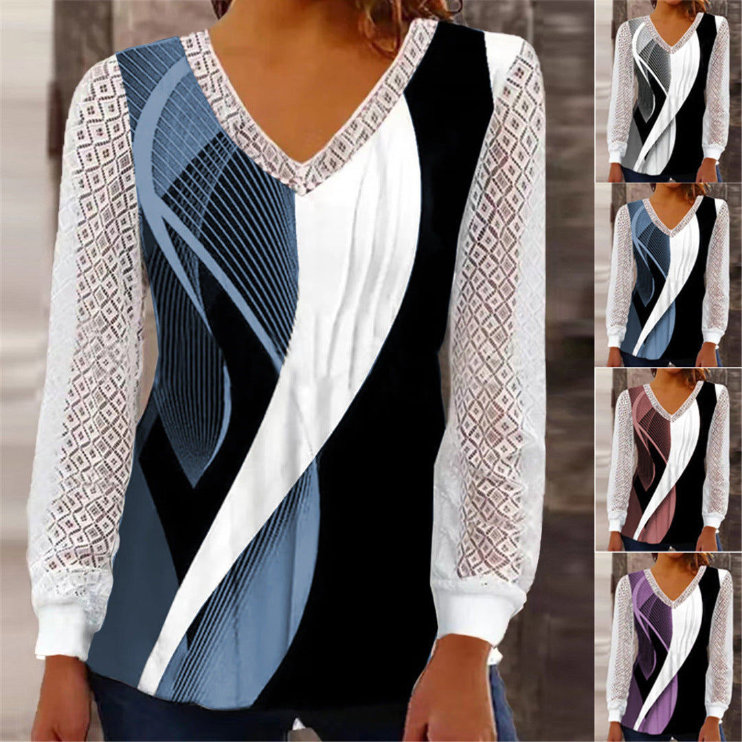Damen modisches Oberteil mit raffinierten Spitzenärmeln und geometrischem Design EB