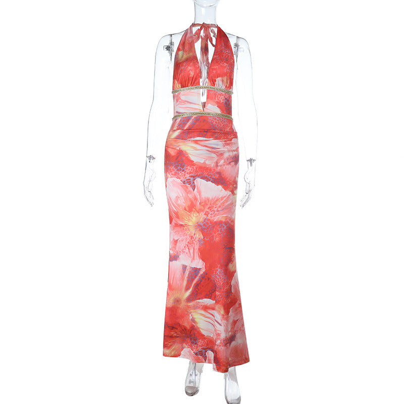 Damen Maxikleid mit floralem Design und tiefem V-Ausschnitt EB