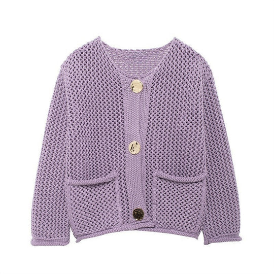 Damen luftige Strickjacke mit durchbrochenem Muster und praktischen Taschen EB