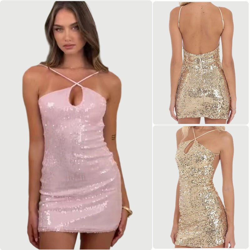 Damen Glitzerndes Minikleid mit eleganter Trägergestaltung und tiefem Ausschnitt EB