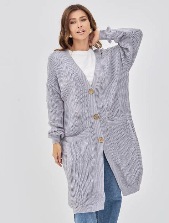 Damen Grobstrick-Cardigan mit schlichten Holzknöpfen und praktischen Taschen EB