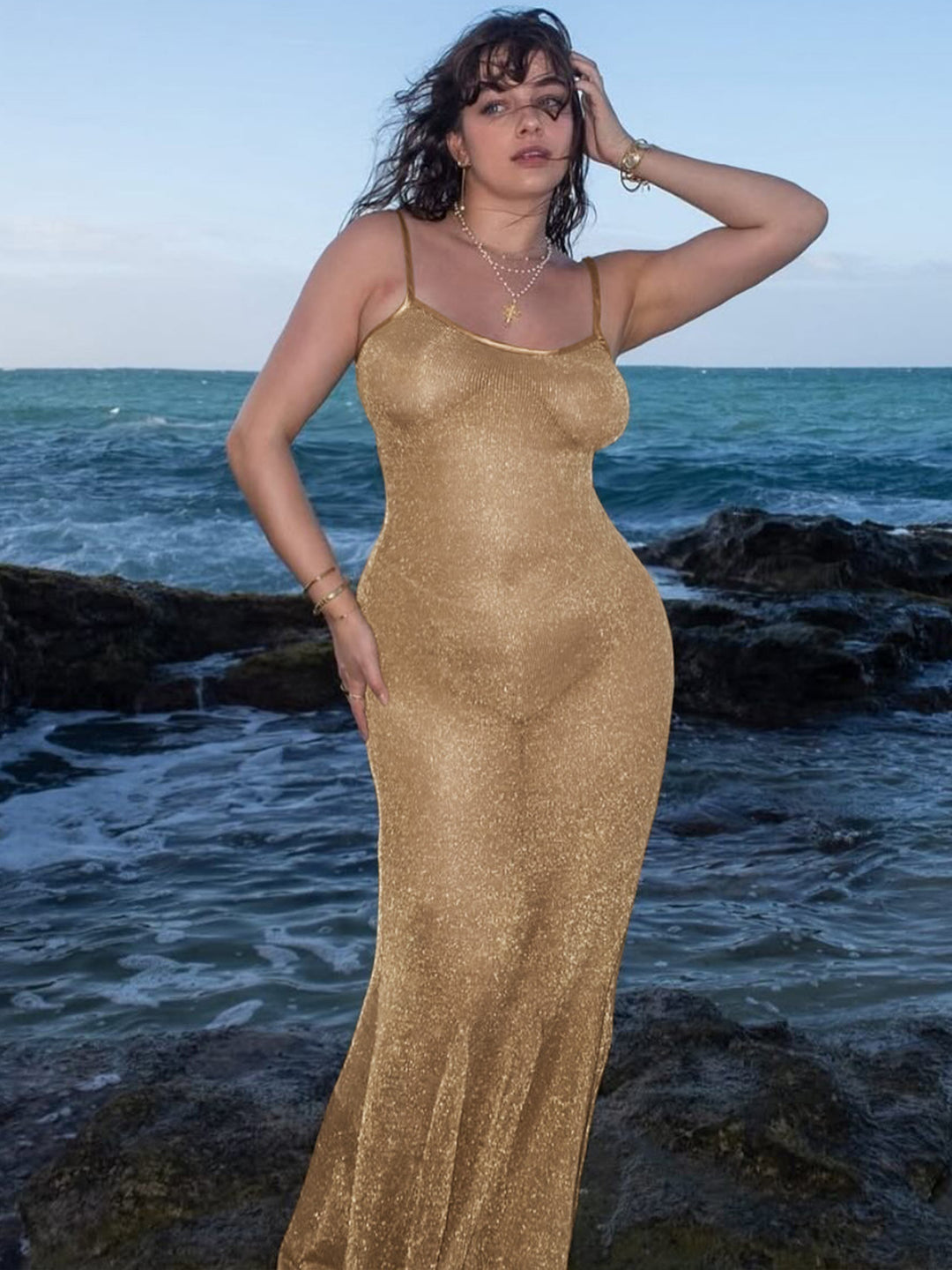 Damen Elegantes Maxikleid mit schwingendem Rock und feinen Spaghettiträgern EB