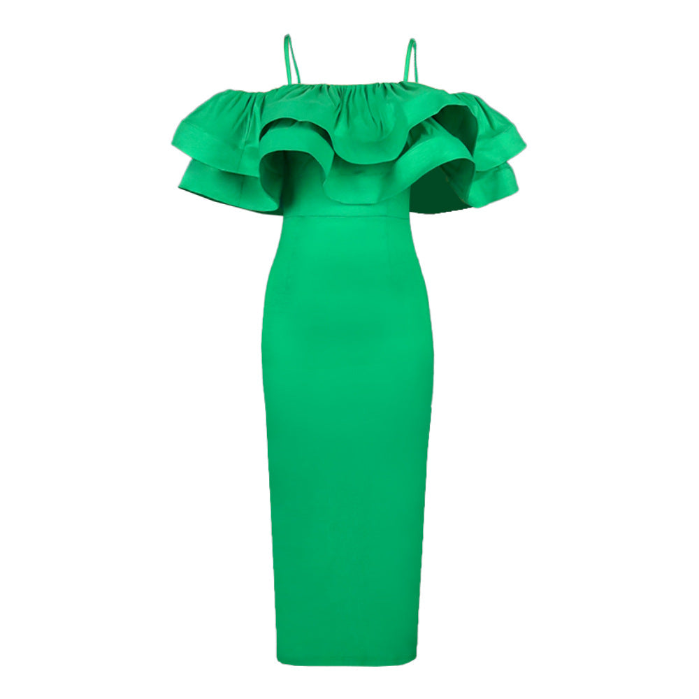 Damen elegantes Satin-Kleid mit voluminösem Rüschensaum EB