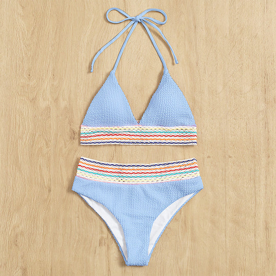 Damen Bikiniset mit hochgeschnittenem Höschen und buntem Wellenmuster EB